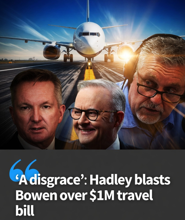 Taxpayer Cash Scandal: Ray Hadley Lambasts Chris Bowen As A 'Disgrace' Over $1 Million Government Flying Bill Amidst Soaring Energy Prices! 1 Chris Bowen, Anthony Albanese and Ray Hadley under a white commercial passenger jet asset on an airport runway