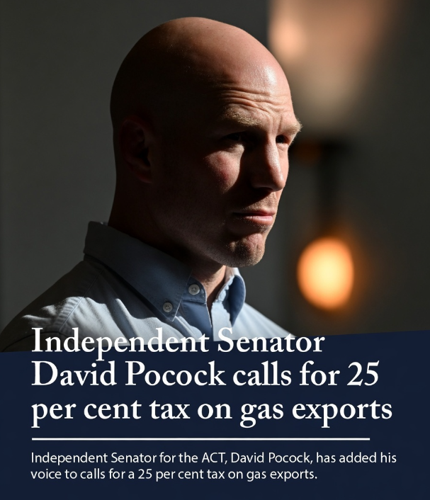 Independent Senator David Pocock in a light blue dress shirt looking off camera next to a bold resource tax headline