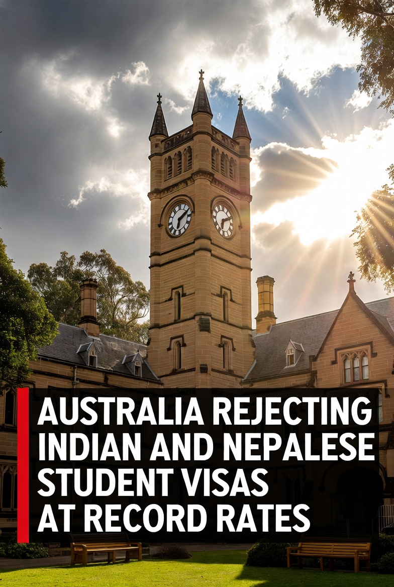Historic academic sandstone clock tower beneath dramatic winter clouds and a bold visa rejection headline