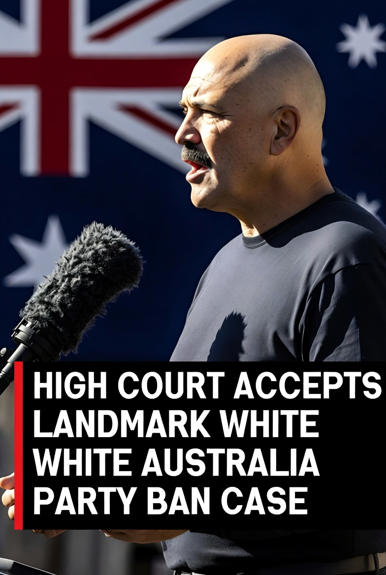 High Court Bombshell: Full Bench Accepts Landmark White Australia Party Challenge Setting Up Interlocutory Battle Against Labor Tax Grab Era! 1 A bald male activist with a black mustache speaking before an official Australian flag asset next to a high court headline
