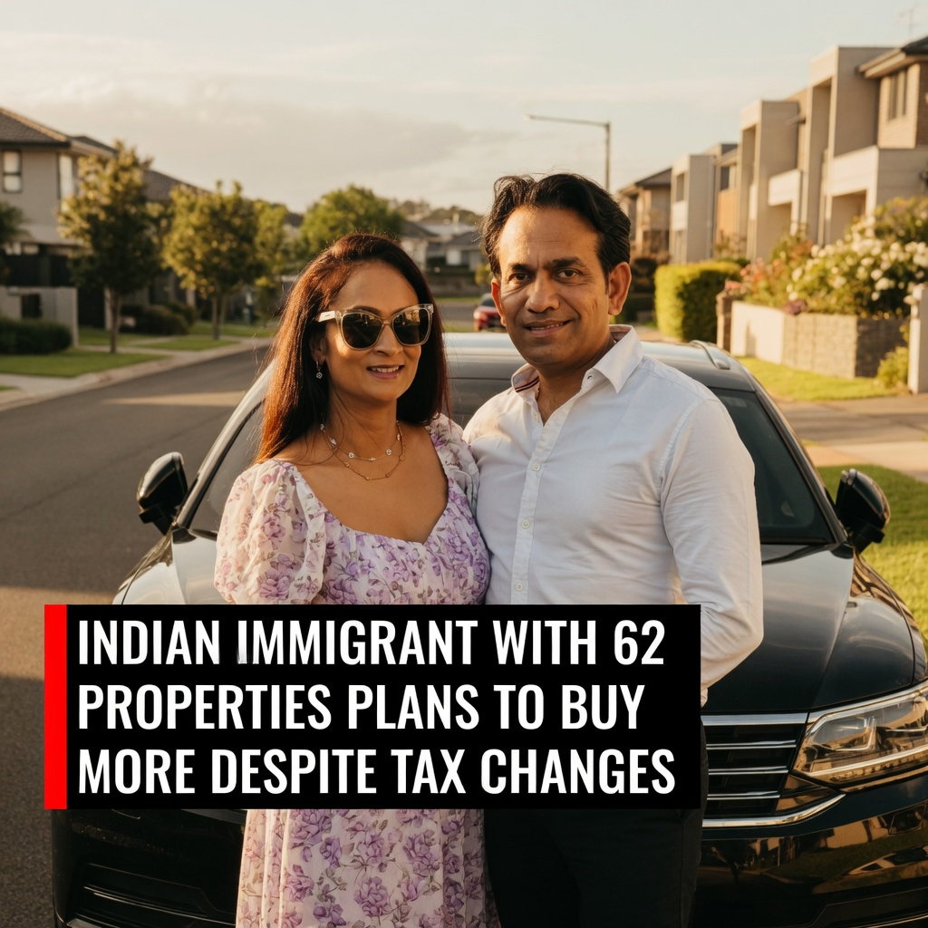 Bharat and Vaishali Patel leaning against a black Volkswagen SUV inside an affluent suburban duplex streetscape