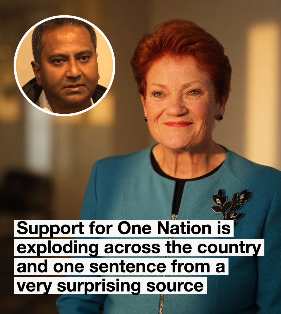 Close up portrait of red haired Pauline Hanson in a teal blue jacket next to a circular inset of migrant worker Ronil Prasad