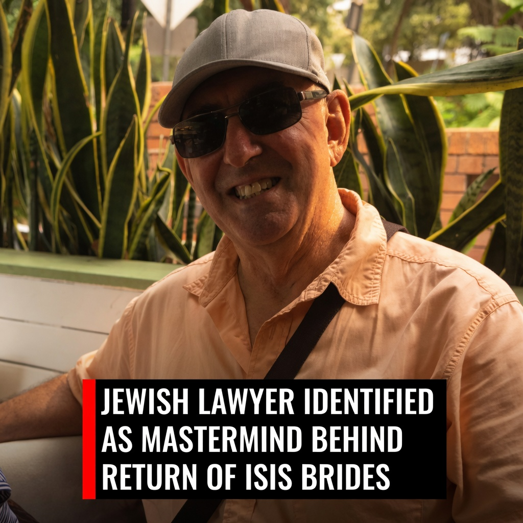 Retired human rights lawyer Robert Van Aalst wearing sunglasses and an orange shirt next to an ISIS bride headline