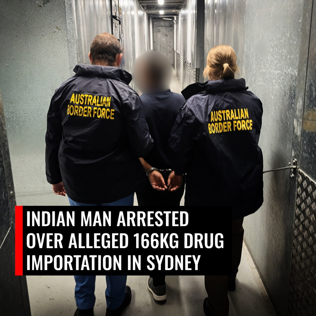 Two Australian Border Force officers escorting a handcuffed Indian suspect down a corrugated metal corridor