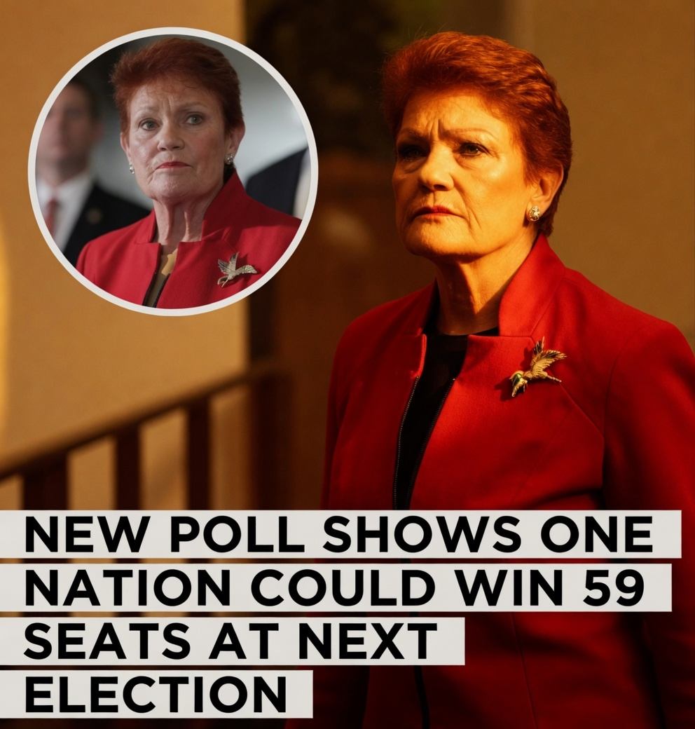 Senator Pauline Hanson in a vibrant crimson blazer dress next to a circular inset portrait showing her official federal election statement text