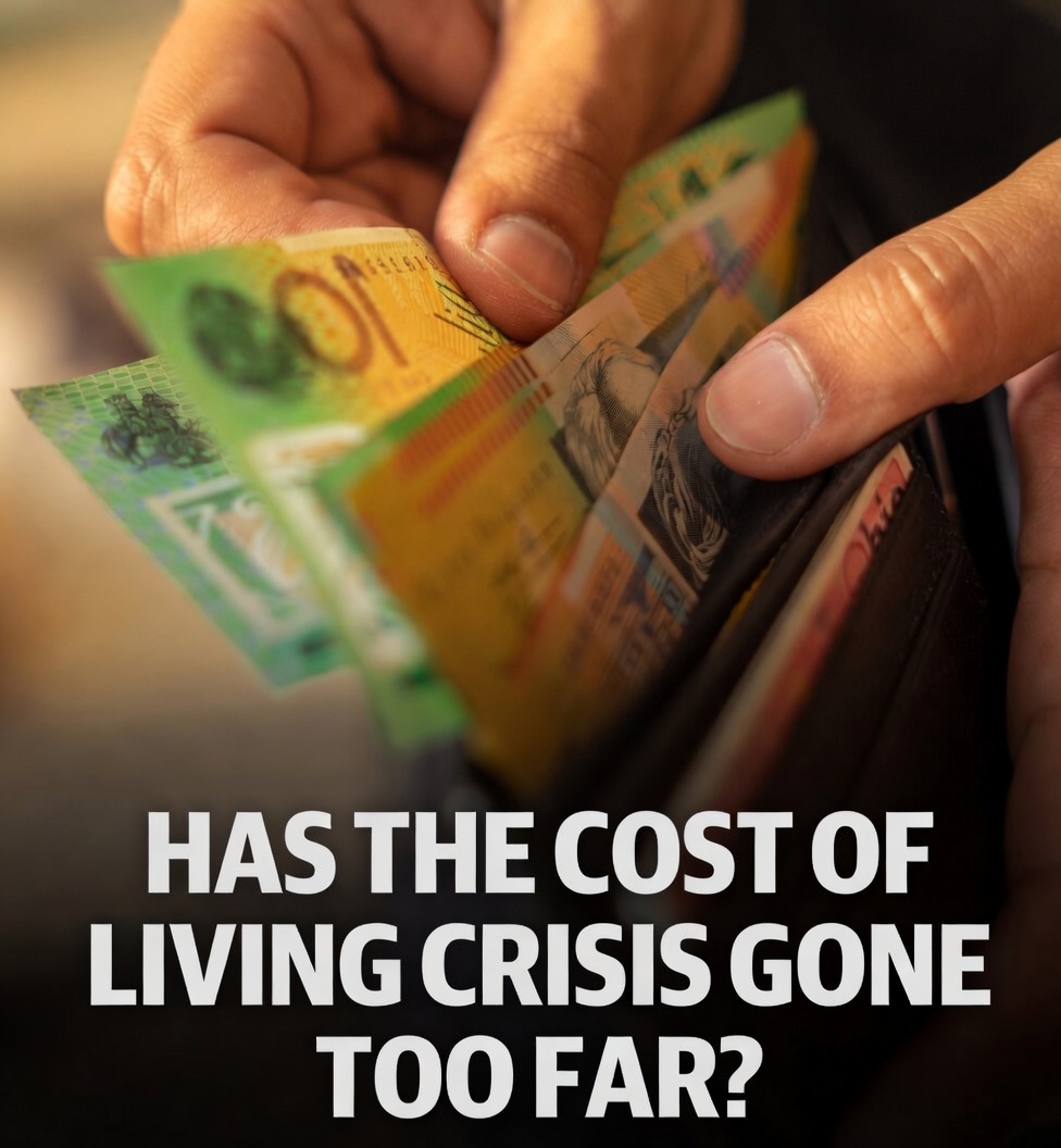 Struggling full-time Australian worker extracting cash banknotes from a dark leather wallet asset under extreme cost of living pressures