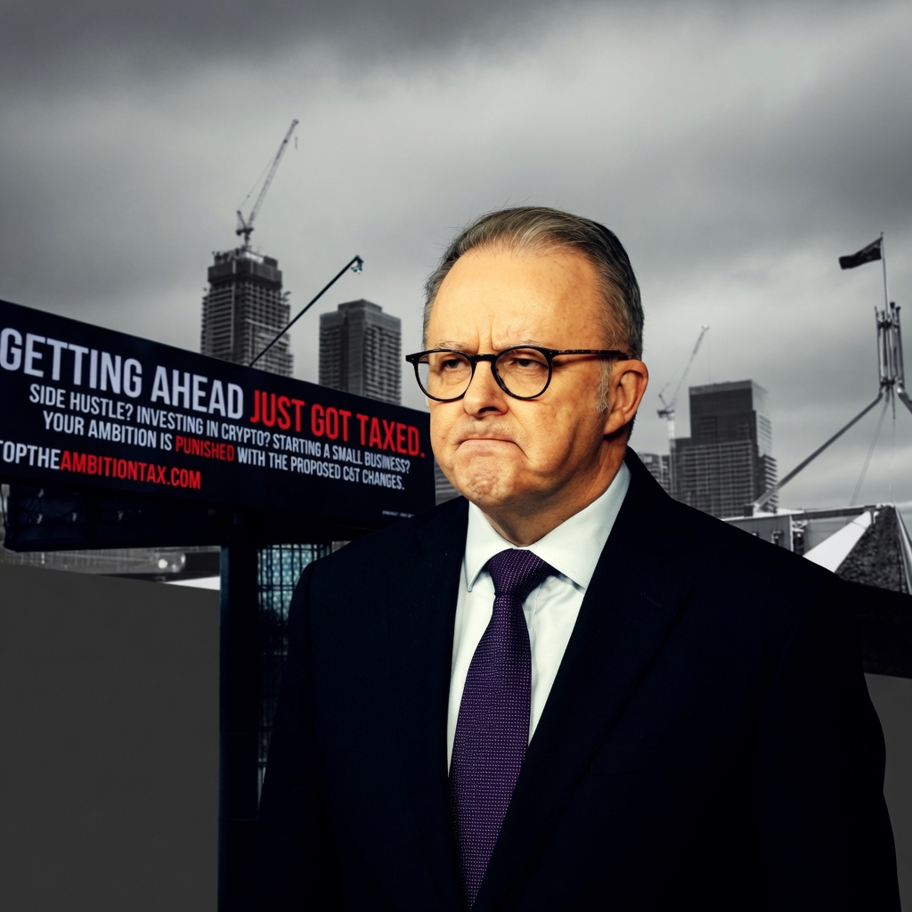 Canberra Airport Ambush: Mortgage Broker Joseph Daoud Blasts Anthony Albanese With $17.5K Billboard Blitz Over Crushing Post-Budget Capital Gains Tax Grab! 1 Prime Minister Anthony Albanese looking disgruntled beside an official anti ambition tax airport electronic billboard campaign display