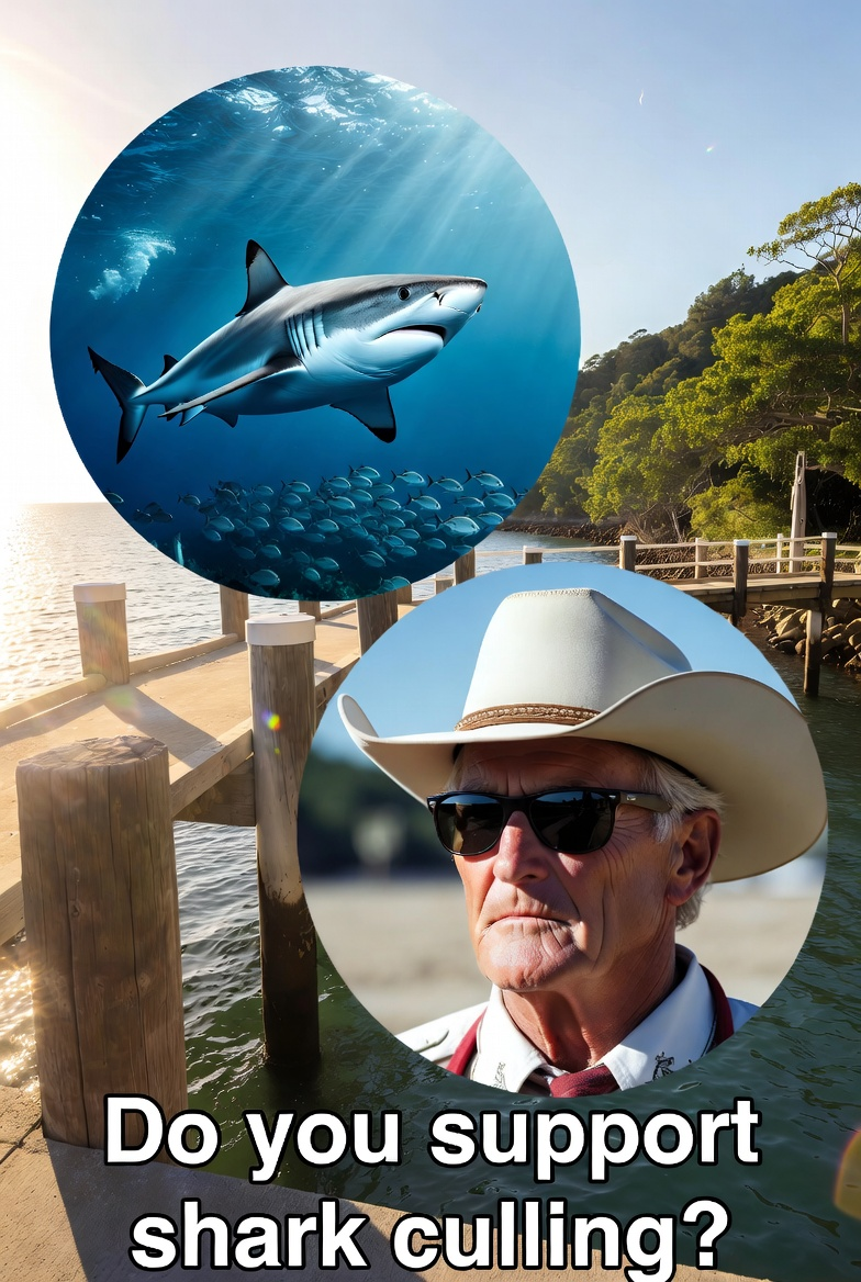 Sovereign public safety survey layout displaying the regional shark management query over a coastal timber jetty background framework