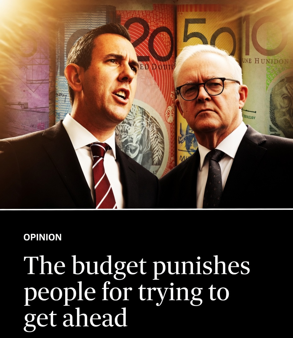 Jim Chalmers and Anthony Albanese looking grim beneath giant Australian banknote graphics and an explosive budget opinion headline