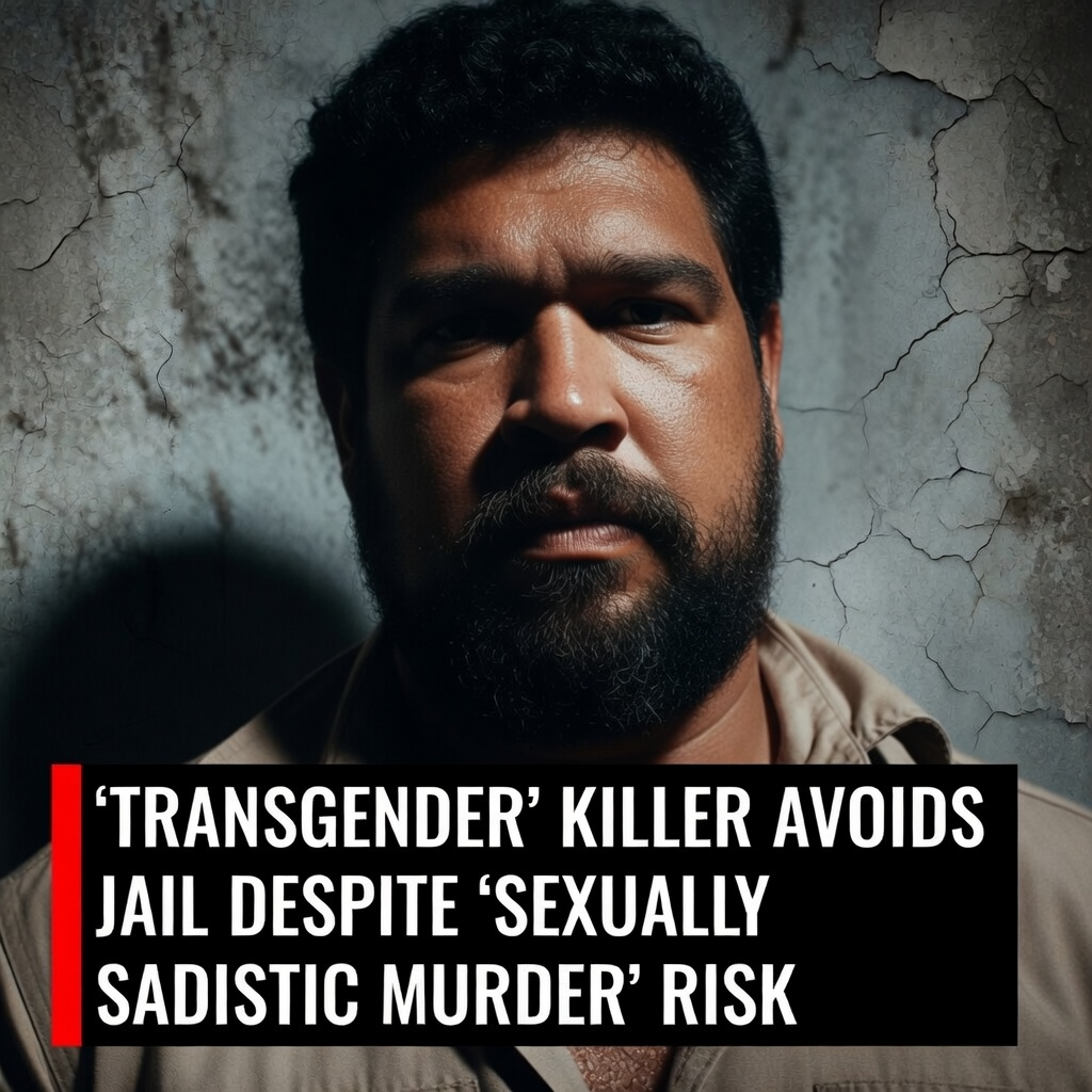 Convicted killer Mark Richard Lawrence looking forward against a cracked stone wall beneath a critical transgender sentencing headline