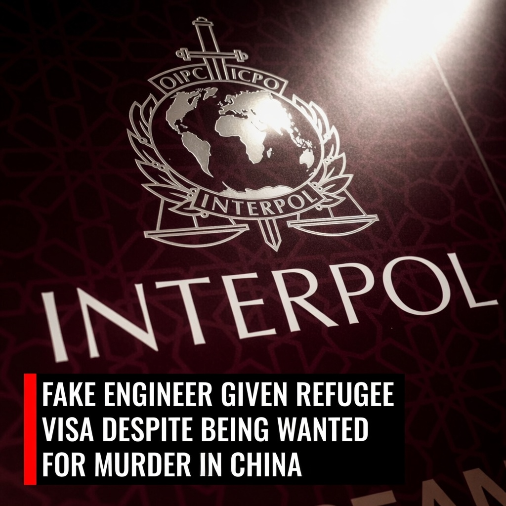 Official silver Interpol insignia emblem engraved over a dark pattern backdrop next to a critical refugee visa text block