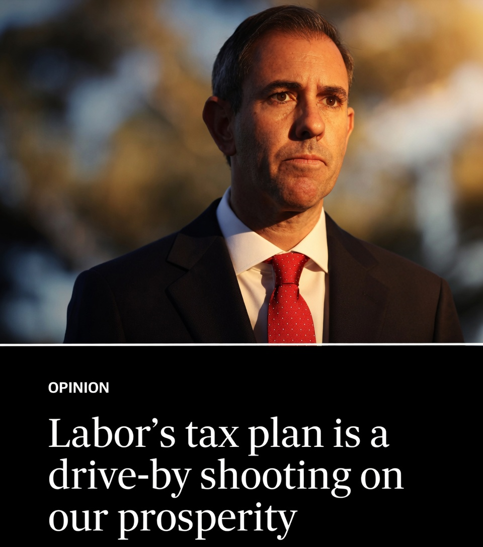 Treasurer Jim Chalmers looking solemn beneath an official political opinion publication banner detailing structural tax criticisms