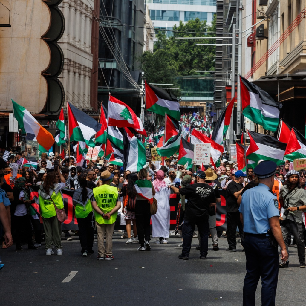 Significant Tension: Controversial 'Globalise the Intifada' Forum Forced Outdoors After City Council Scraps Venue Booking Over Safety Fears! 1 Protesters marching in Sydney with various flags during a demonstration