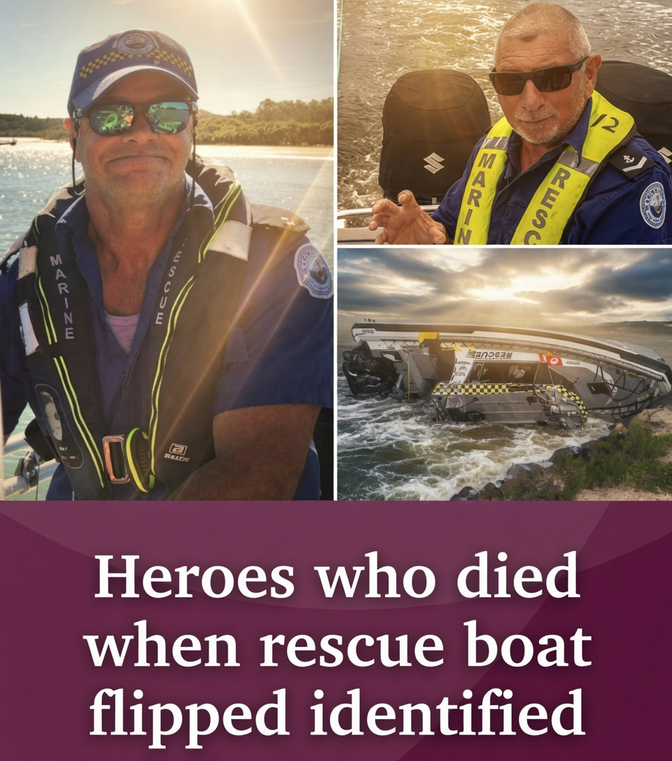 Identified heroes from the Ballina rescue boat tragedy alongside the flipped vessel