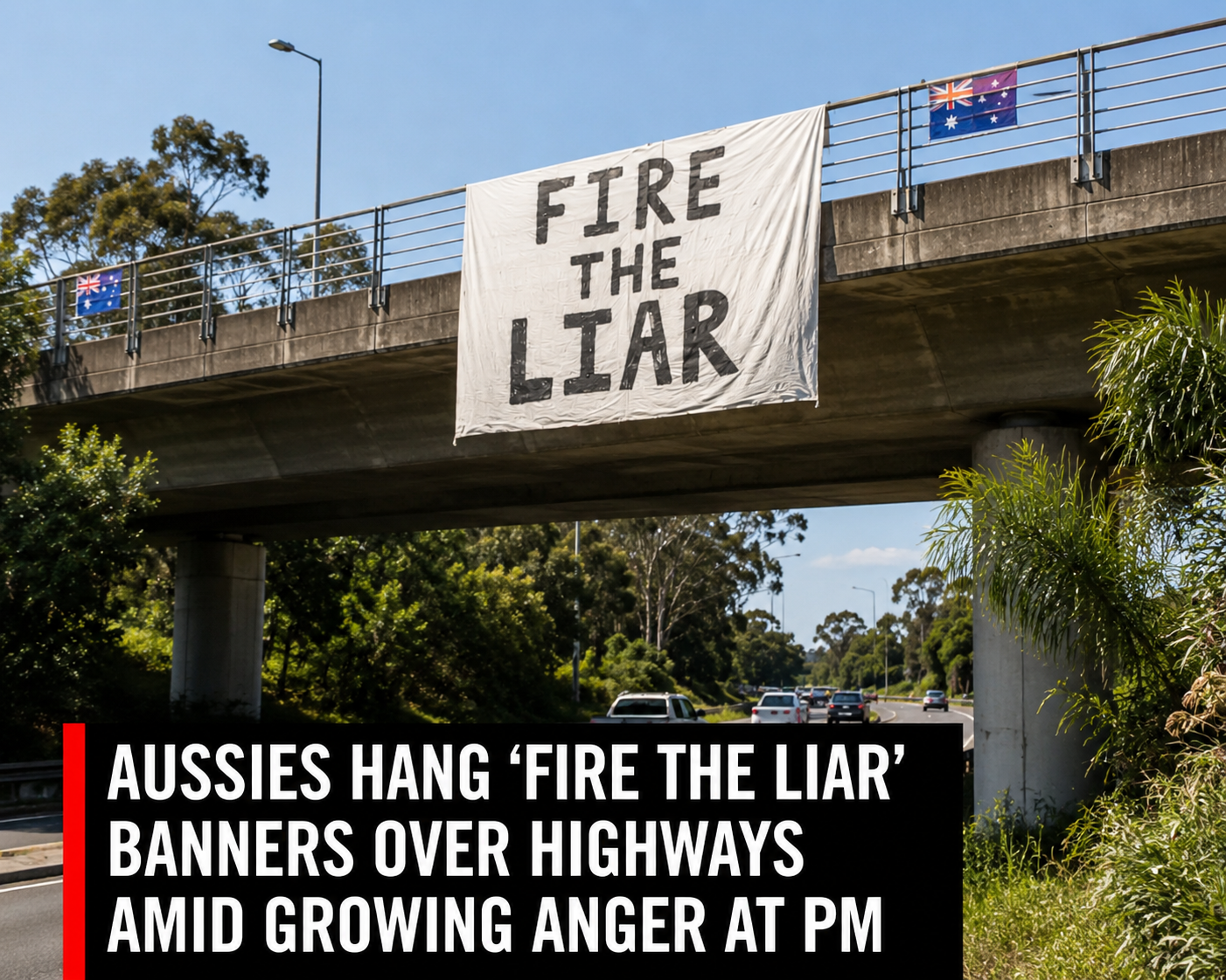 Political Protest Campaign Puts Focus on Albanese's Election Promises 1 Political protest banner displayed above an Australian highway