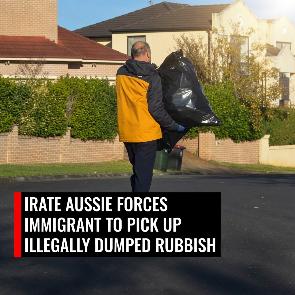 A man collecting bags of rubbish after being confronted over alleged illegal dumping in Castle Hill