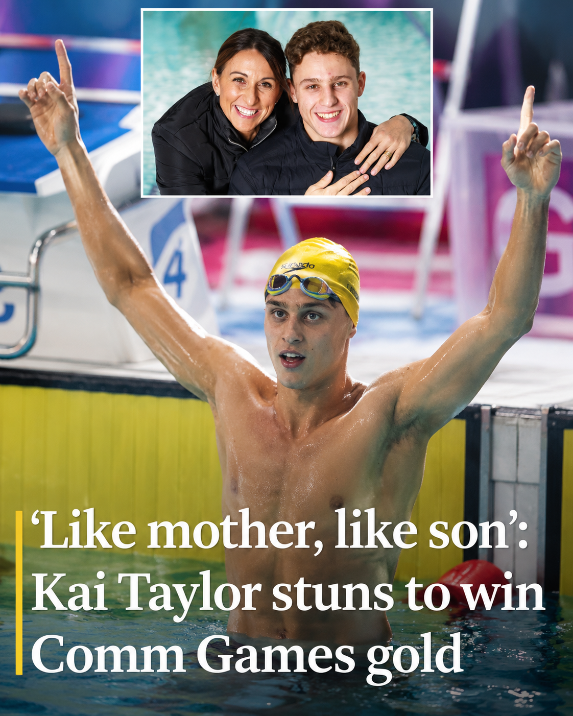 Kai Taylor celebrates after winning Commonwealth Games 200m freestyle gold while Hayley Lewis reacts in the stands