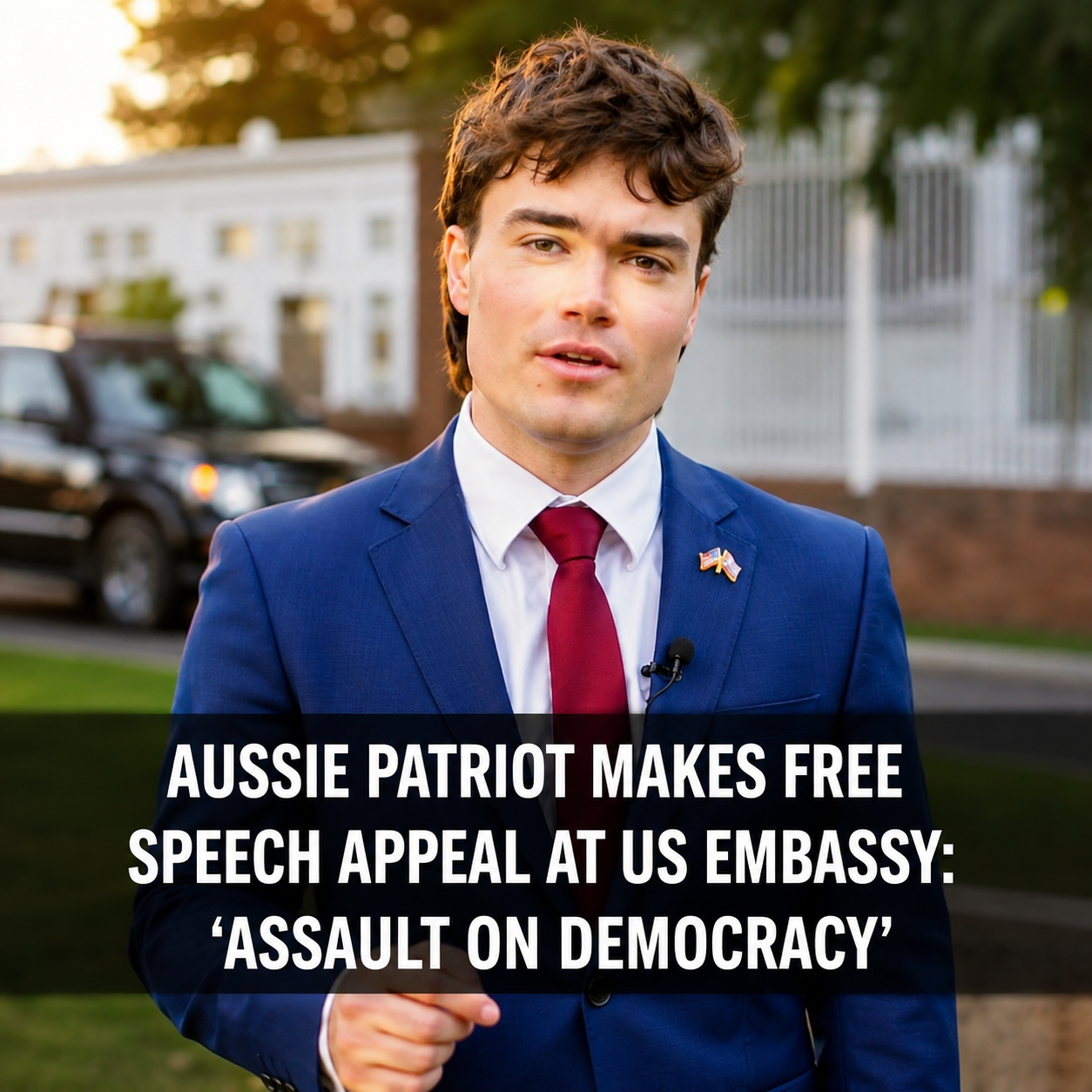 Hugo Auspill Lennon delivers a free speech appeal outside the US Embassy in Canberra