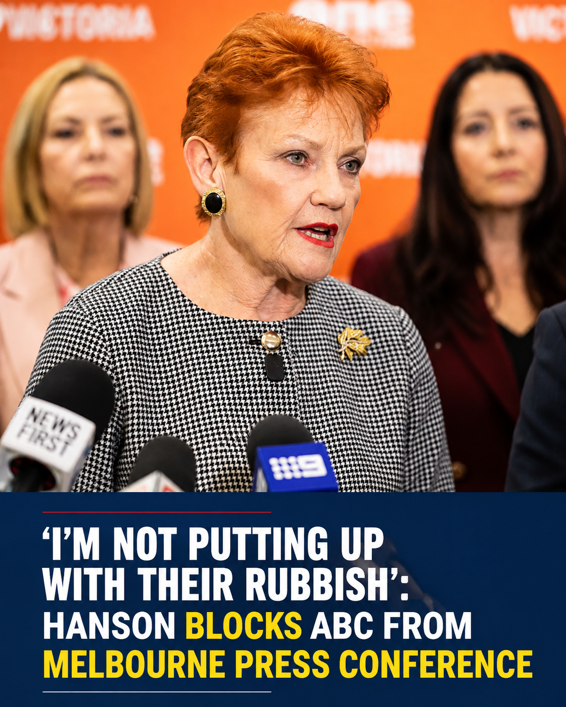 Pauline Hanson arriving at a One Nation campaign event in Melbourne surrounded by supporters and protesters